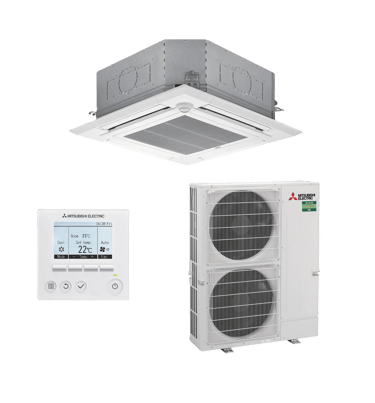 Mitsubishi Electric ceiling cassette air conditioner unit with outdoor condenser and wall controller.