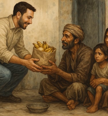 illustration of a man donating food to a poor family as part of Selfless Service (Seva)