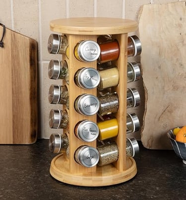 a wooden spice rack with spices and spices