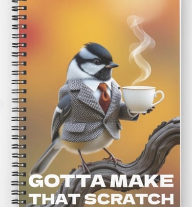 Chickadee in a business suit drinking coffee