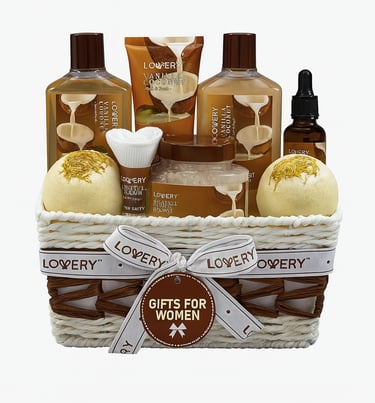 A luxury gift basket filled with vanilla coconut-scented bath products by Lovery