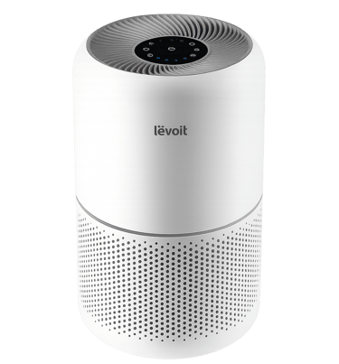 white Levoit air purifier with black top control panel on a white background