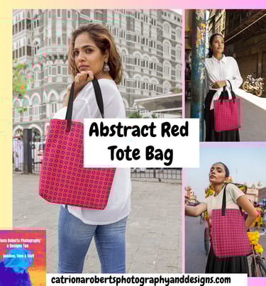 Digital image showing 3 models in various city locations carrying  a Tote bag with Abstract Red 