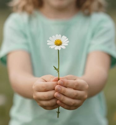 Detail of a child's hand holding a wildflower, cinematic focus, soft #AD7B5B and #E2D7C3 tones.