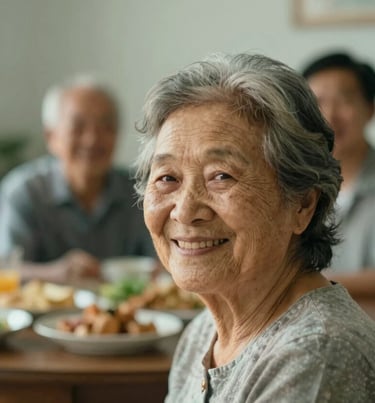 Authentic smile of a grandmother during a family gathering, soft focus background, cinematic grain, #E2D7C3 tones.
