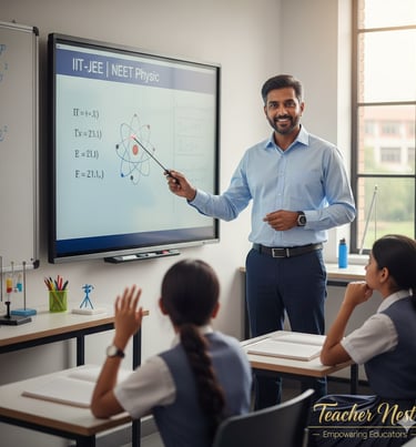 Professional male physics teacher explaining atomic structure for IIT-JEE & NEET preparation on a sm