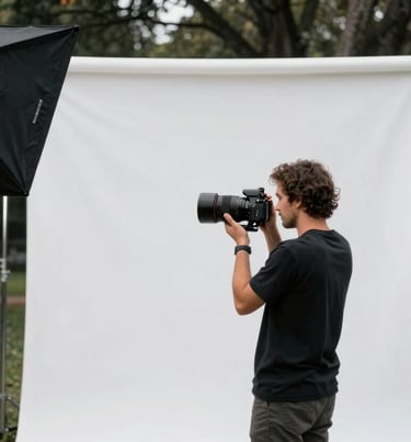 Behind the scenes photography of a photo shoot in a South American / Colombian park, professional lighting equipment visible, soft white and charcoal black tones.