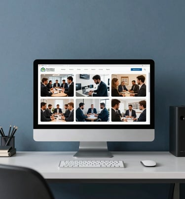 Minimalist photography office in Palmira Valle with a large monitor displaying social event photos, slate blue walls, professional and clean workspace.