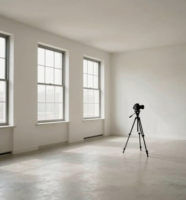 A wide, minimalist shot of a professional photography studio in the US. Large windows with soft light, off-white walls, and a single black camera tripod. Clean, professional workspace.