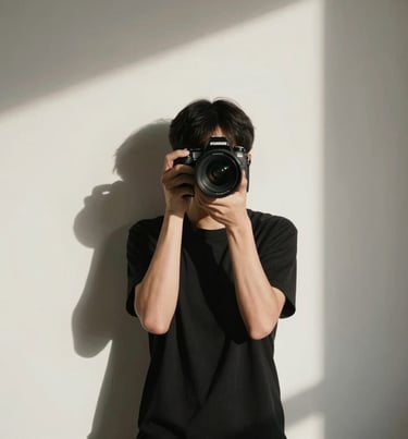 A minimalist, artistic self-portrait of a photographer in their studio, partially obscured by shadows. Professional North American studio setting, off-white and black palette. Quiet elegance.