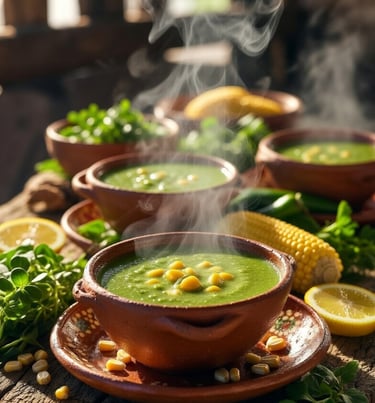 Steaming bowls of creamy green vegetable soup garnished with yellow corn kernels on a rustic wooden table.
