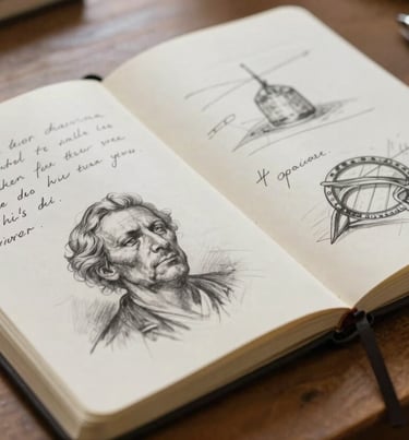 Detail of an Argentine artist's notebook with charcoal sketches and handwritten notes, resting on a wooden table in Soft off-white light.