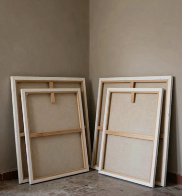 A quiet corner of a South American / Argentine art studio with finished canvases leaning against an Earthy taupe wall.