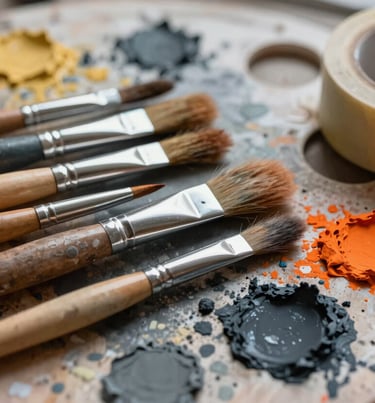 A macro shot of artist tools in an International / Urban Art Scene workshop: used brushes, a messy palette with Deep Slate Grey and Safety Orange paint, and a roll of drafting tape.