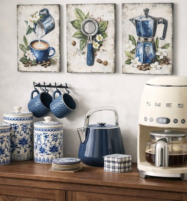 Retro cream Smeg coffee maker on a wooden sideboard with blue floral canisters and kitchen wall art.