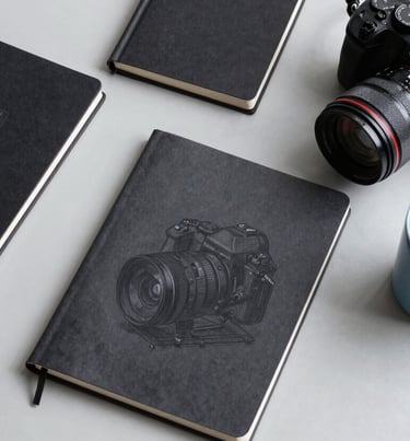 Top-down photography of a creative's desk in a studio in South America. On the light grey surface, there are dark charcoal sketchbooks, a professional camera, and a baby blue ceramic mug. High-end, organized, and professional atmosphere.