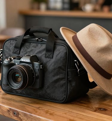 A lifestyle photo of a charcoal camera bag and a soft sand colored hat resting on a wooden table in a North American / US cafe. Warm, inviting lighting.