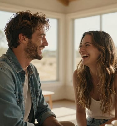 A cinematic lifestyle shot of two people sharing a laugh in a North American / US sunroom. Soft sand tones and warm light.