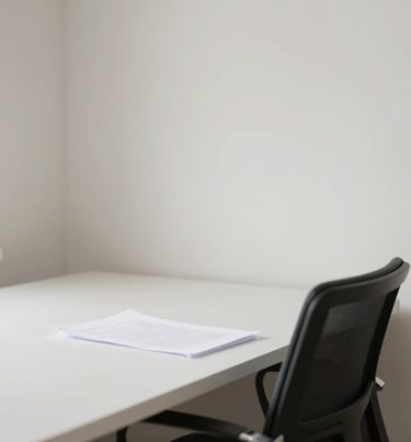 A minimalist workspace with a single chair and a script, #F5F5F5 walls, #0F0F0F chair, clean lines, cinematic lighting, calm and professional.