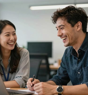 A photograph of two creative professionals in a North American / US office laughing during a productive brainstorming session.