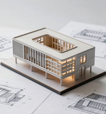 High-quality photography of an architectural model and technical sketches. Clean composition, professional lighting, reflecting technical expertise and creative precision.