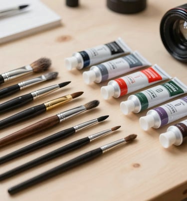 Photography of professional artist materials, including high-quality brushes and tubes of charcoal-colored paint arranged neatly on a light beige wooden work surface in a North American studio.