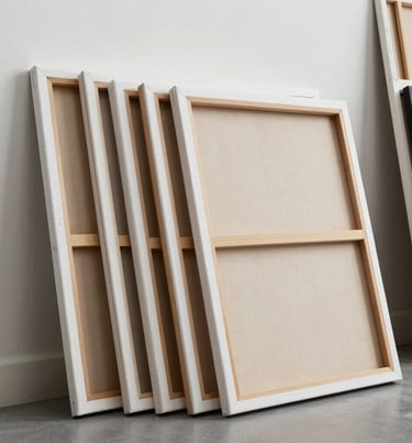 A stack of professional wood-framed canvases leaning against a studio wall, showcasing the clean edges and preparation of the artist's work in a North American setting.