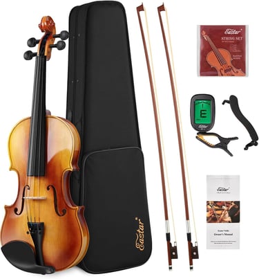 Full-size acoustic violin beginner kit with a hard case, bows, digital tuner, and spare strings.