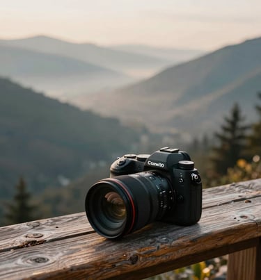 A professional camera sitting on a rustic wooden ledge overlooking a misty mountain valley, North American / US wilderness, soft morning light, muted gold and teal gray palette.