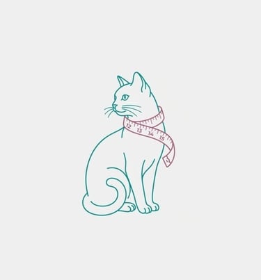 Imagen minimialista de un gato sentado que tienen una cinta métrica para medirle la circunferencia del cuello