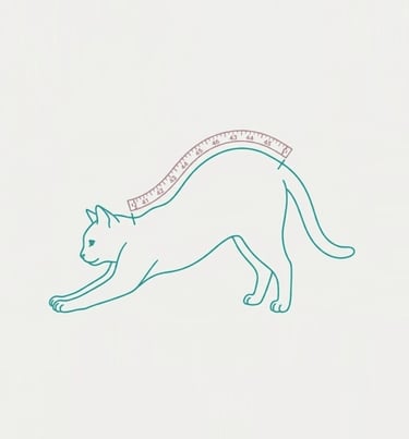 Imagen minimalista de un gato que se está estirando y tiene una cinta metrica para medir el largo de su espalda