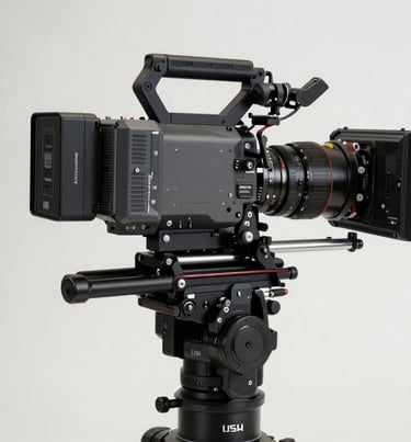 A professional cinema camera mounted on a high-end stabilizer in a North American / US production studio, charcoal gray and deep obsidian black finish, soft alabaster white studio lighting.