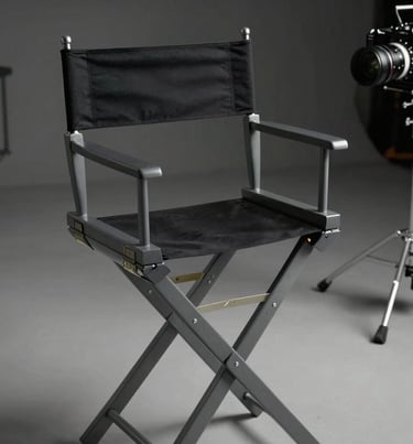 A high-end director's chair and production gear on location in a North American / US setting, charcoal gray metal and deep obsidian black fabric, cinematic aesthetic.