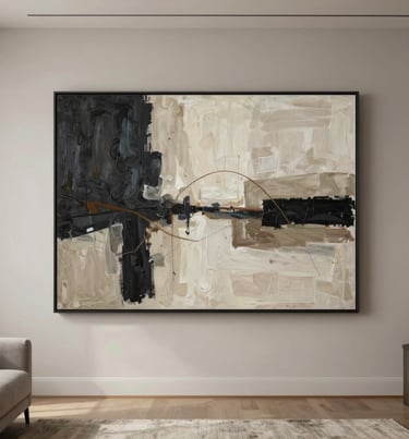 A modern interior living room with a large abstract painting on the wall featuring ebony and taupe tones, a minimalist and serene atmosphere.
