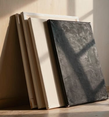 A stack of canvases leaning against a studio wall made of warm wood, soft sunlight filtering through a window casting shadows in ebony and soft cream.