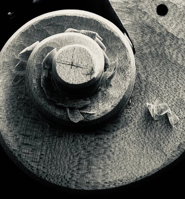 Black and white image of a violin scroll, partially carved