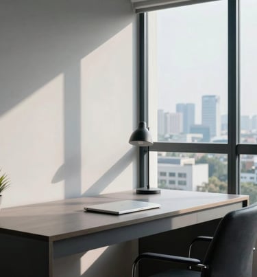 A sleek, minimalist home office in Surabaya with a view of the city through a large window. A desk with a single lamp and a small potted plant. The morning light creates long, soft shadows. Colors are light grey and dark blue.
