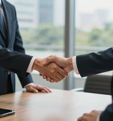 A lifestyle shot of two professionals in a modern Southeast Asian meeting room shaking hands. The focus is on the hands and the clean table surface. The background is a blurred window showing urban greenery. Professional and trustworthy mood.