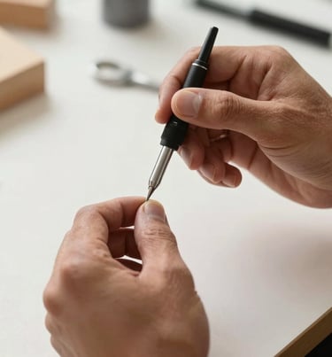 Detail of a hand holding a precision drawing tool over a clean surface. Soft natural lighting, contemporary Latinoamericano / Español studio feel.