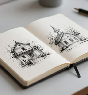 Close-up of a high-quality artist's sketchbook with architectural drawings, lying on a minimalist light gray desk. Professional and creative atmosphere.