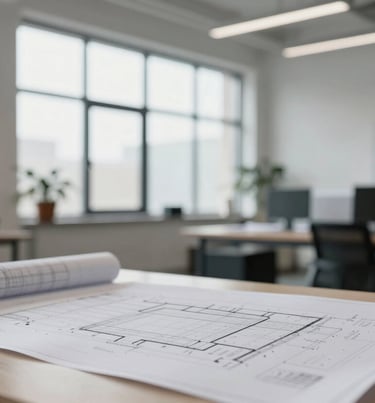 An interior shot of a professional architecture studio in the USA, featuring a large windows, blueprints on a table, and a minimalist aesthetic.
