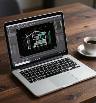 A minimalist overhead shot of a laptop showing architectural CAD software, placed on a dark wooden desk next to a coffee cup.