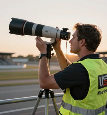 Behind the scenes shot of a photographer with a long telephoto lens at a North American / US trackside, wearing a media vest, sunset lighting, professional gear.
