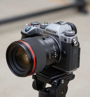 Close up of a professional camera body on a tripod, track in the background, sharp focus, North American / US circuit, sophisticated grey and silver tones.