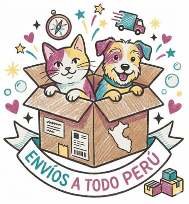 Ilustración a lápiz de un gato y un perro en una caja de envío para la entrega de artículos a Peru