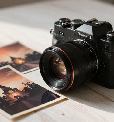 Still life photography of a camera and old photos on a wooden table, warm white and terracotta highlights, soft morning light.