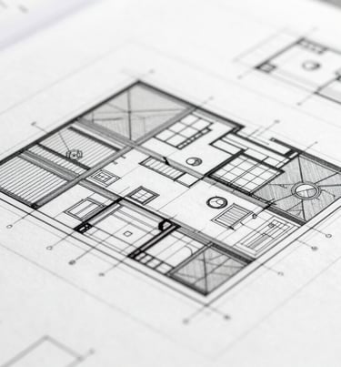 Monochromatic shot of an architectural drawing with technical details and measurements, clean and professional look, using #2F2E2E and #D9D2C7.