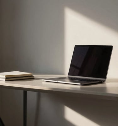 A minimalist North American home study area with a sleek desk, a laptop, and a small stack of journals, lit by soft afternoon sun.