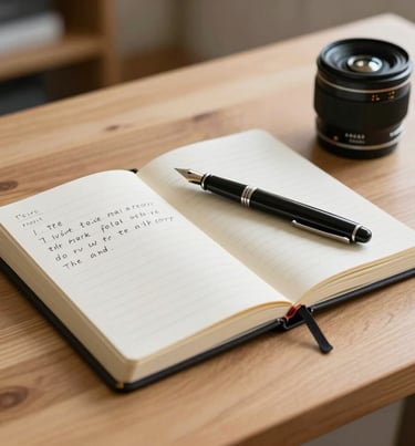 An open diary with handwritten notes and a classic fountain pen, resting on an elegant light wood surface in a North American home.