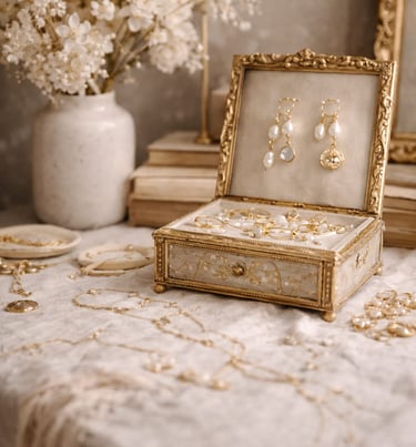 “Caja joyera vintage de oro que exhibe pendientes de perlas y anillos de oro 